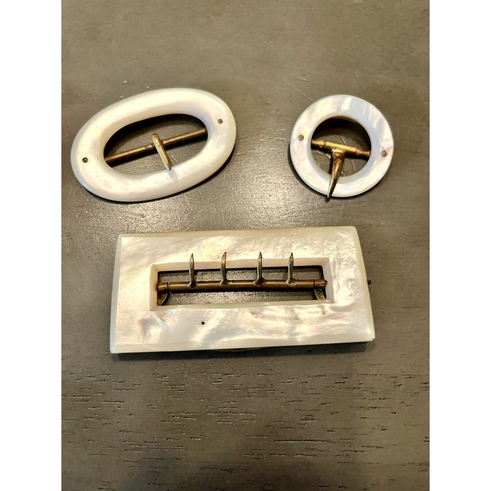 Antique Vtg Mother of Pearl Hand Carved Sash Belt Buckles Brass Prongs Lot Of 3